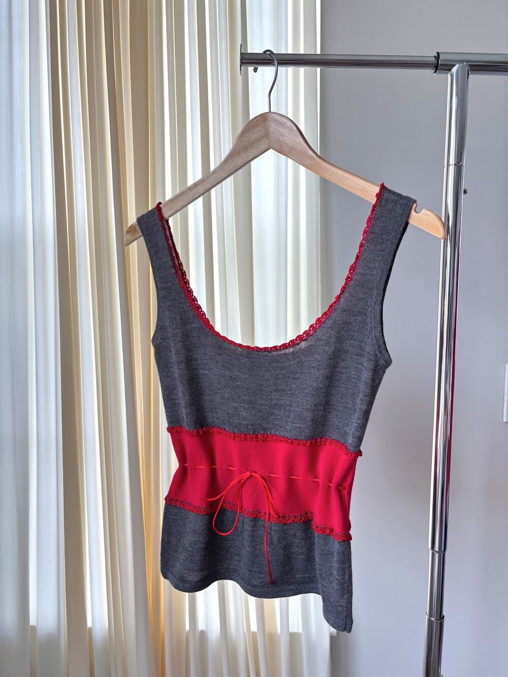90s Vintage Fifi Top Large Gray Wool Knit Tank Lace Trim Y2K Whimsy Fairy Ballet